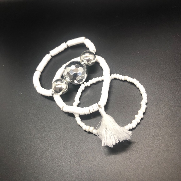 3 Piece Hand Crafted Silver Disco Ball Clay Beaded Stretch Bracelet - Picture 5 of 15